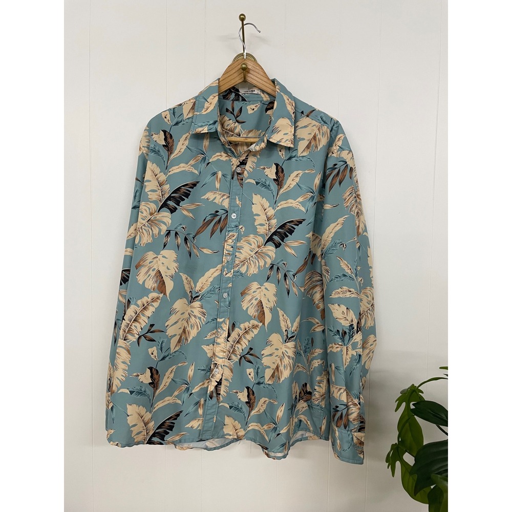 Coofandy Mens XXL Tropical Palm Leaf Button Down Shirt Long Sleeve Blue Tan